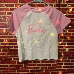 BARBIE PINK AND WHITE RAGLAN CROPPED TEE